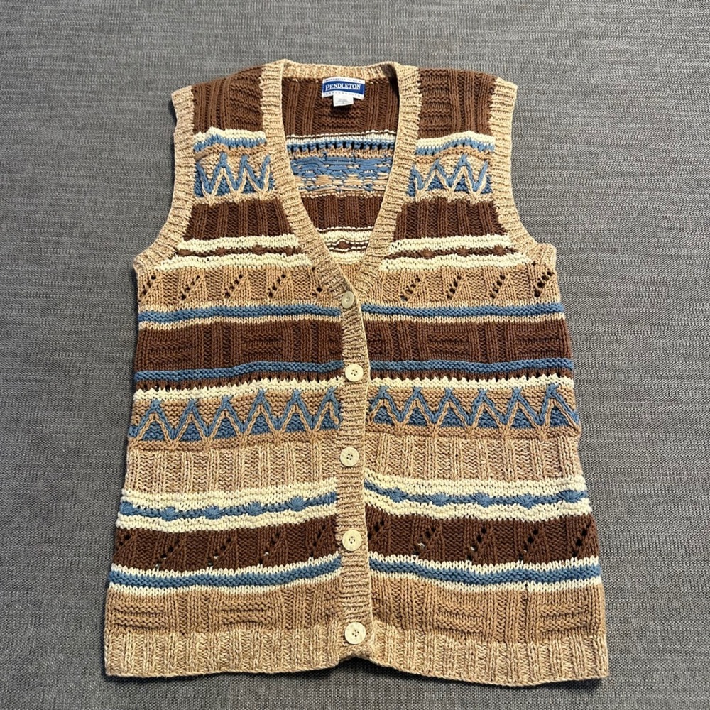 Pendleton Sweater Vest Womens S Brown Fair Isle Ramie Cotton Knit V-Neck